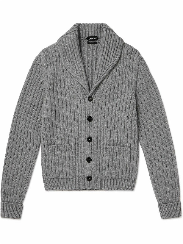 Photo: TOM FORD - Shawl-Collar Ribbed Wool and Cashmere-Blend Cardigan - Gray