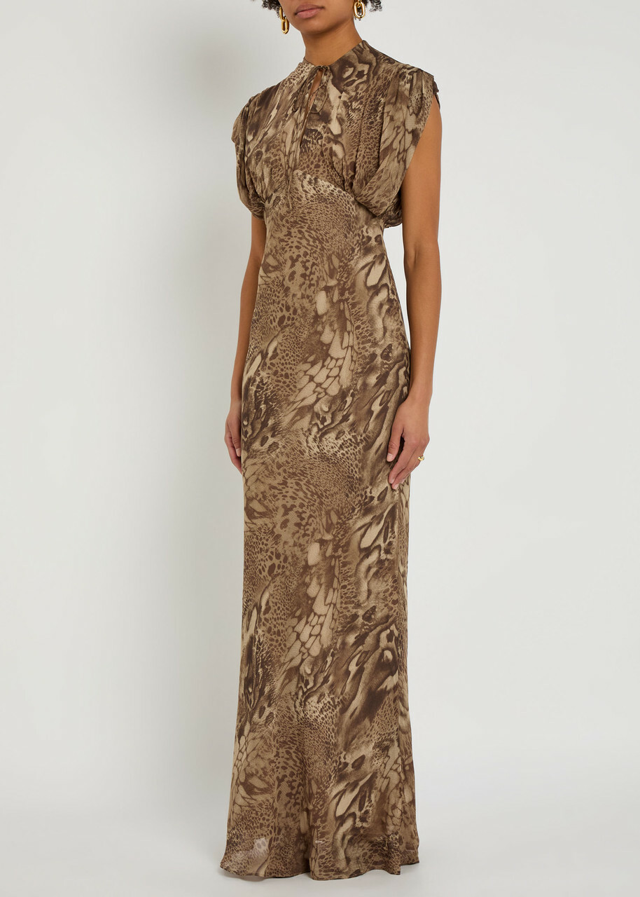 DE LA Vali Ceres Leopard-print Chiffon Maxi Dress Brown
