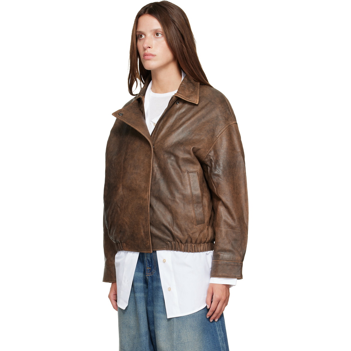 R13 Brown Removable Collar Leather Bomber Jacket