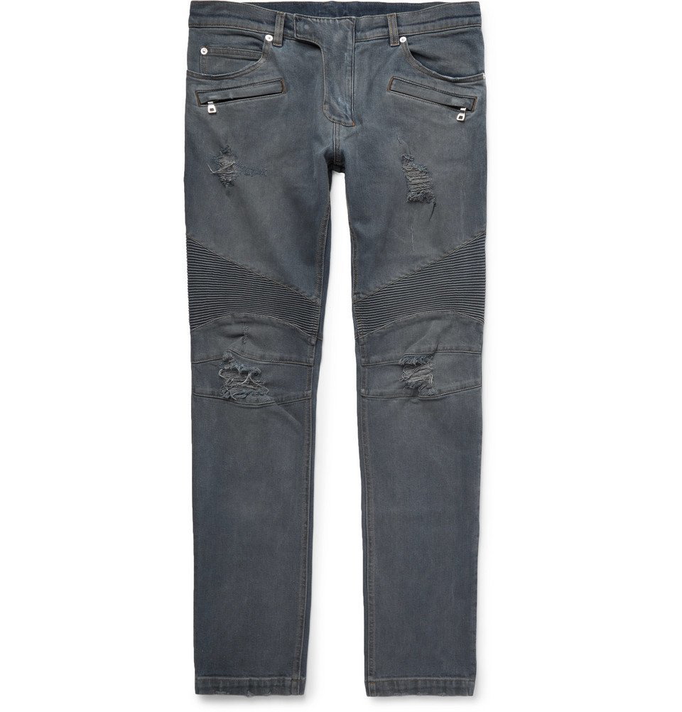 Balmain - Slim-Fit Ribbed Distressed Jeans - - denim