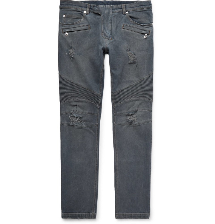 Photo: Balmain - Slim-Fit Ribbed Distressed Stretch-Denim Jeans - Men - Dark denim