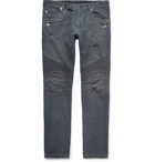 Balmain - Slim-Fit Ribbed Distressed Stretch-Denim Jeans - Men - Dark denim