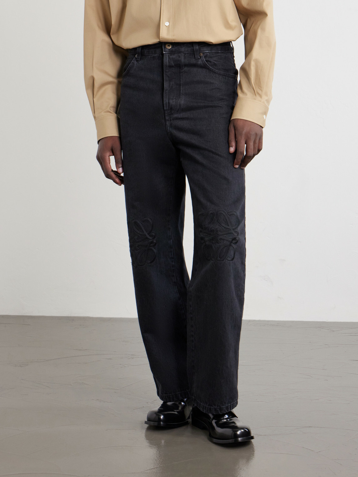 LOEWE - Wide-Leg Anagram-Embroidered Jeans - Black