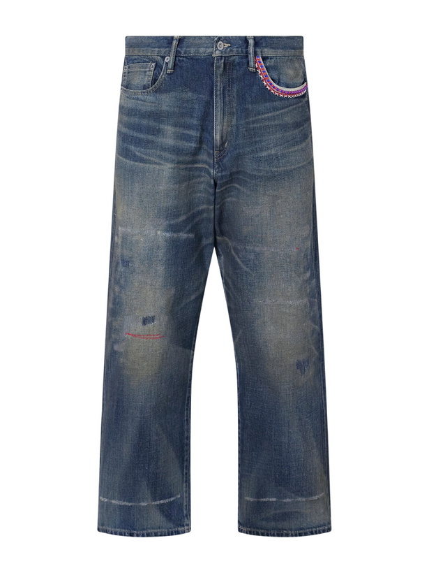 Photo: Neighborhood - Savage Wide-Leg Bead-Embellished Distressed Jeans - Blue