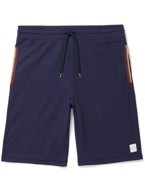 Photo: Paul Smith - Straight-Leg Logo-Appliquéd Textured Cotton-Blend Jersey Shorts - Blue