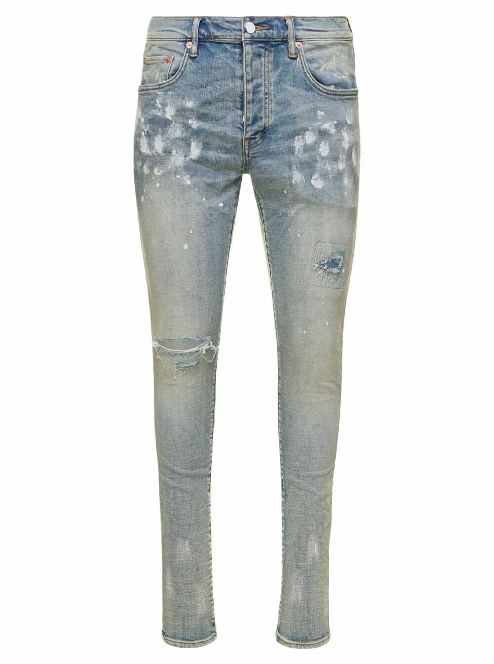 Light Blue Five Pockets Skinny Jeans With Paint Stains In Cotton Denim Man Purple Brand