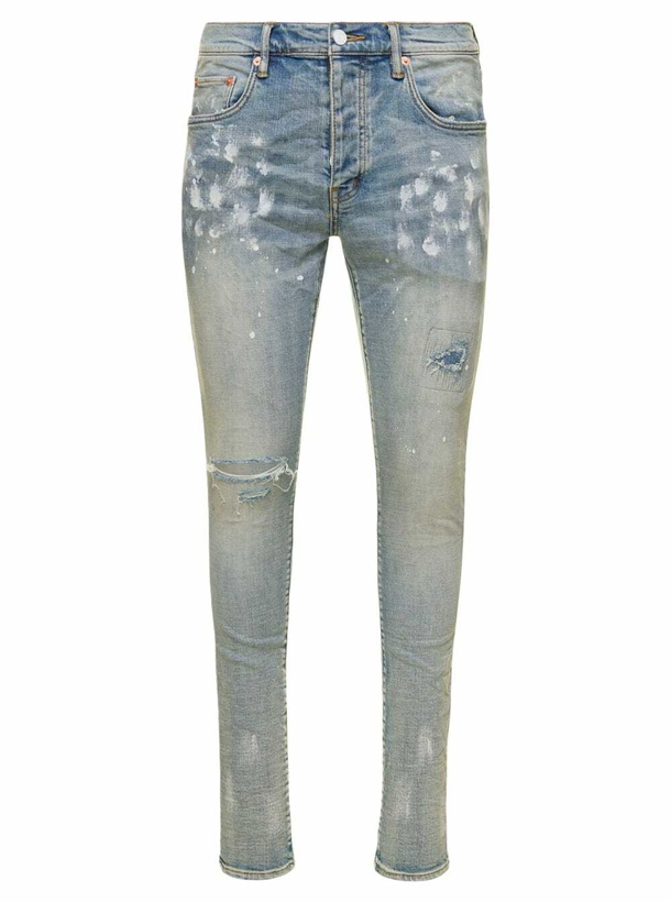 Photo: Light Blue Five Pockets Skinny Jeans With Paint Stains In Cotton Denim Man Purple Brand