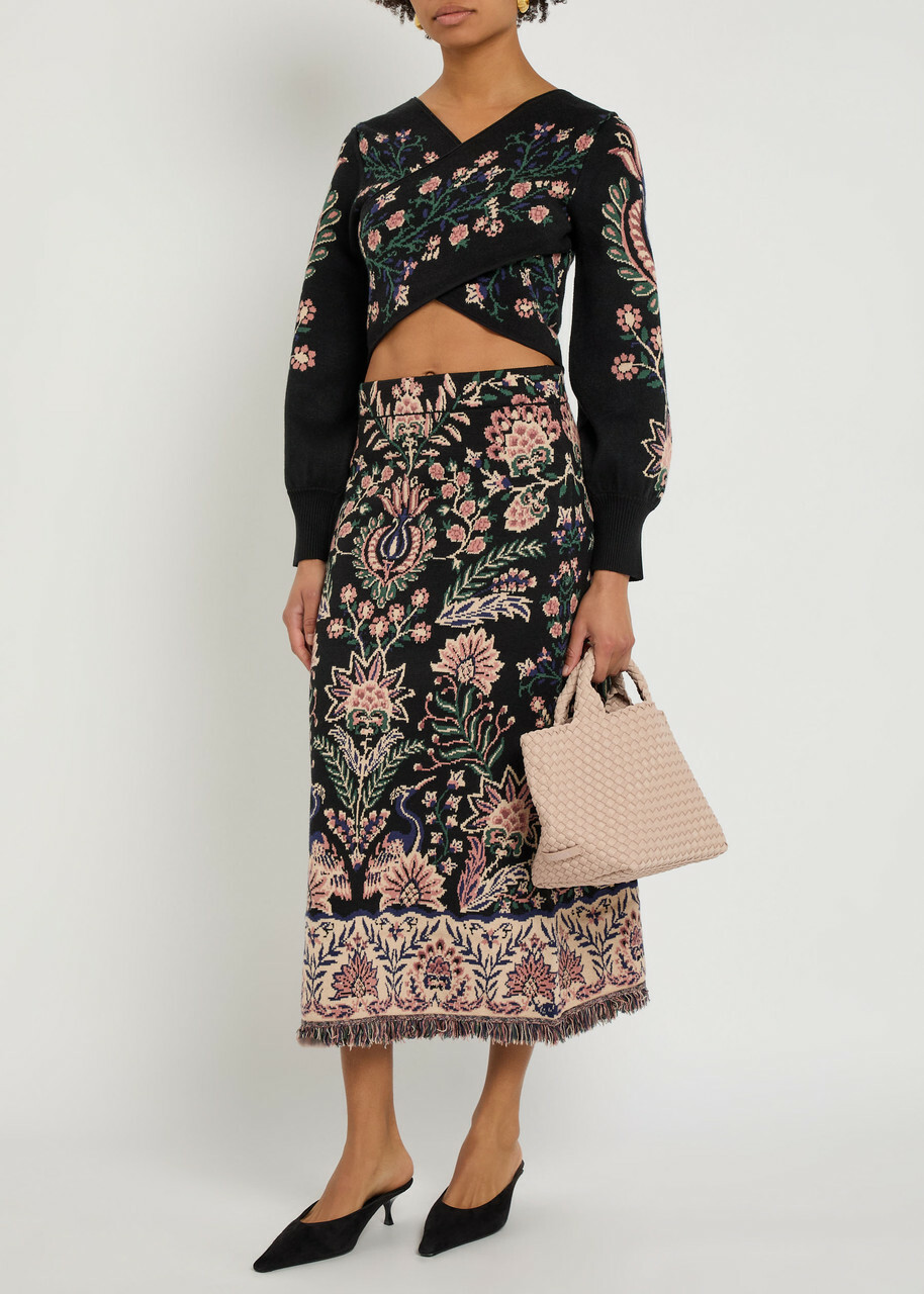Farm Rio Marvelous Garden Floral-jacquard Knit Midi Skirt Black