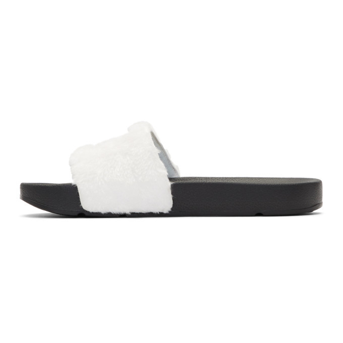 Baja East White and Black Fila Edition Shearling Drifter Slides