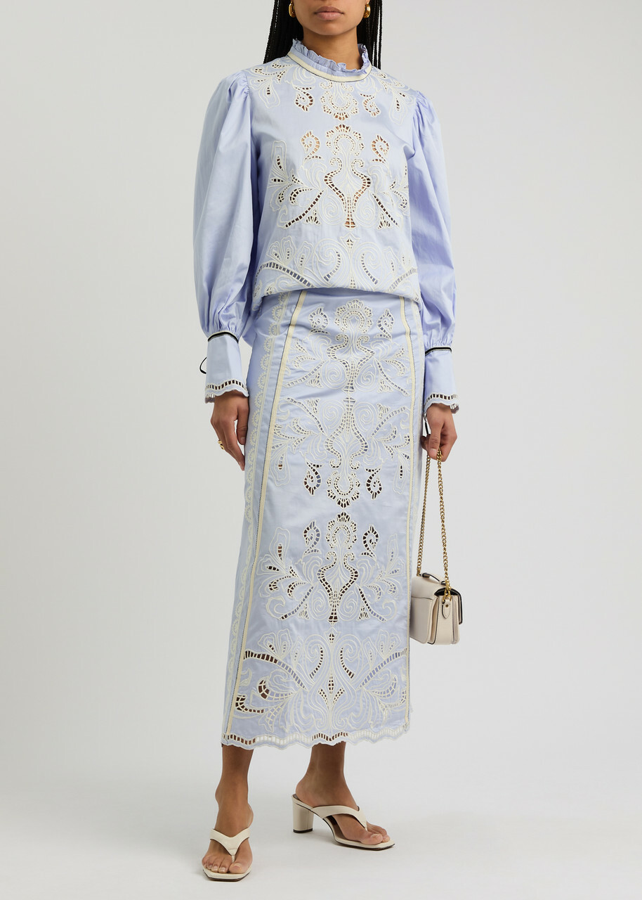 Lug Von Siga Rosalie Broderie Anglaise Cotton Poplin Midi Skirt Blue