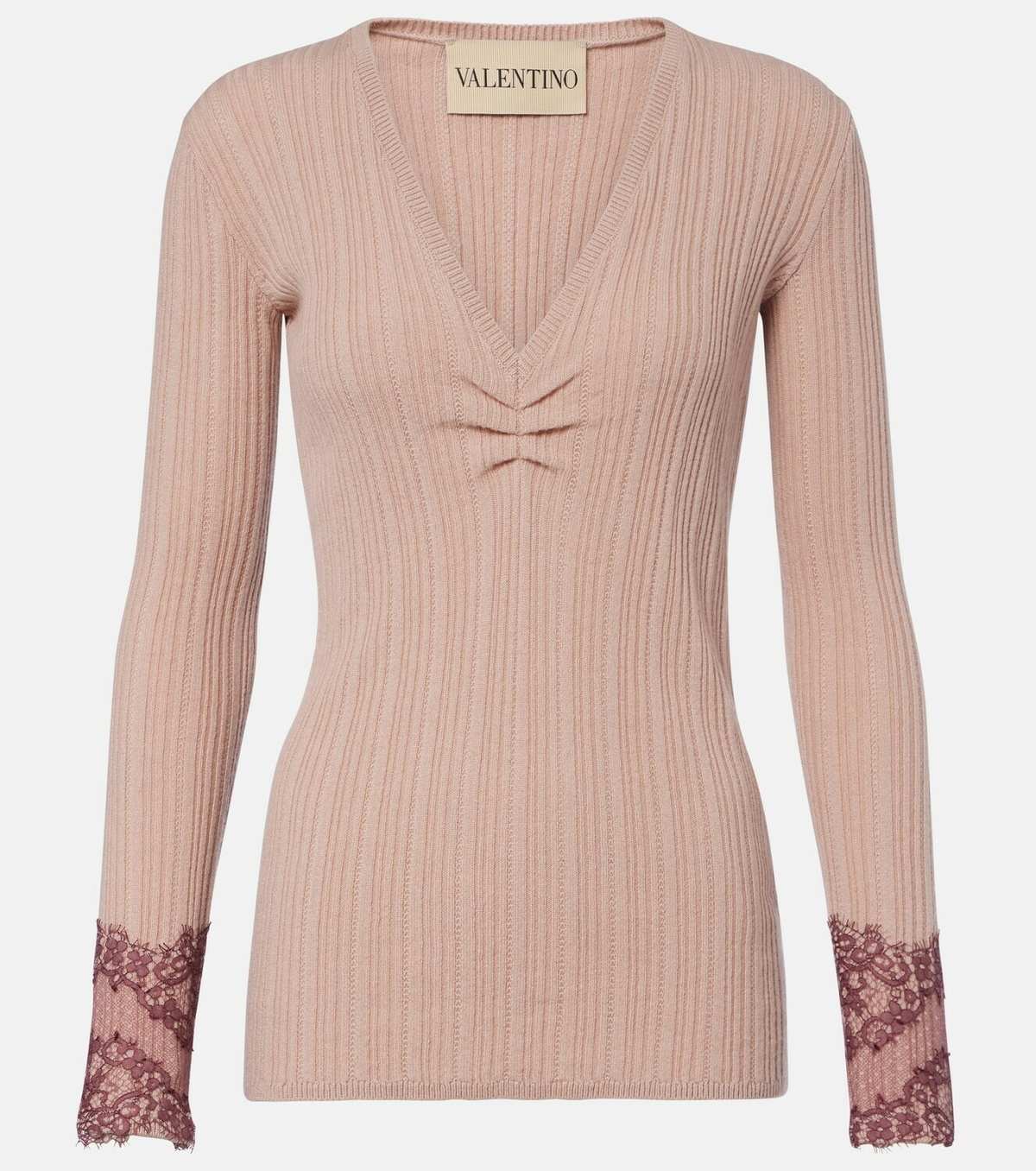 Valentino Gathered lace-trimmed cashmere sweater