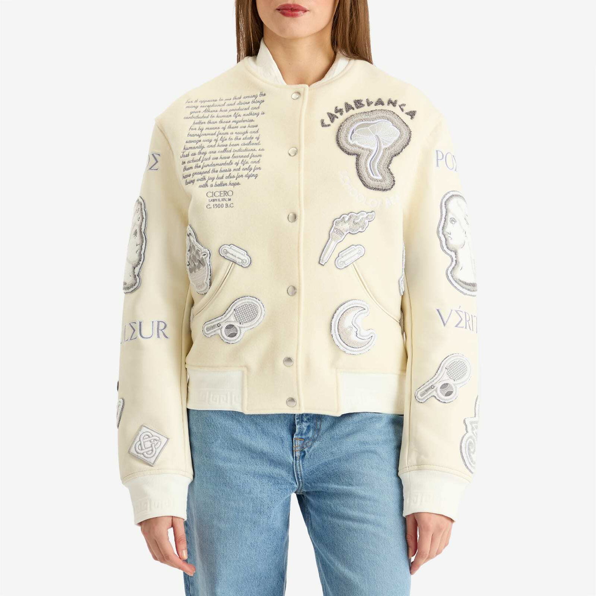 Casablanca Women's Chenille Embroidered Patchwork Bomber Jacket in Off White