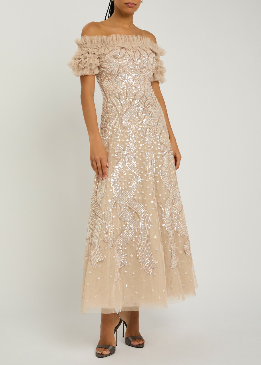 Needle & Thread Off-the-shoulder Sequin-embellished Tulle Gown Light Pink