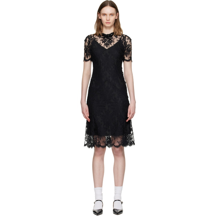 Photo: SHUSHU/TONG Black Beaded Lace Short-Sleeve Midi Dress