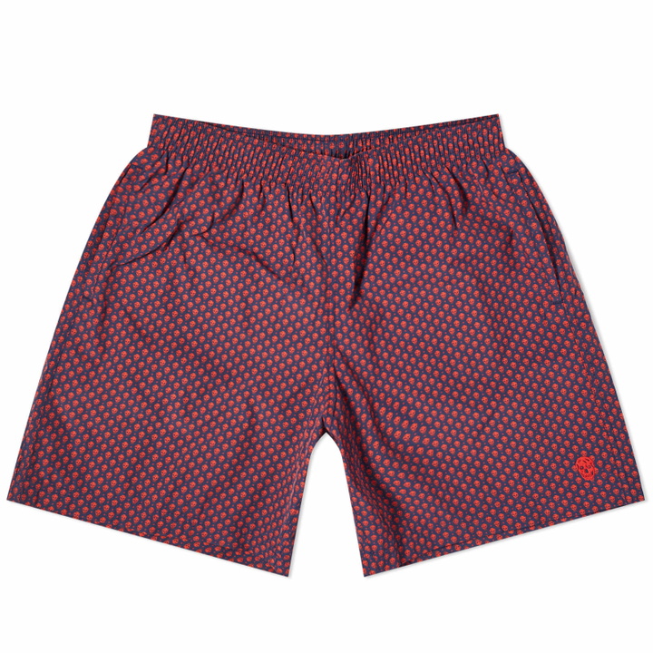 Photo: Alexander McQueen Men's Dots Skull Swim Shorts in Indigo/Scarlet