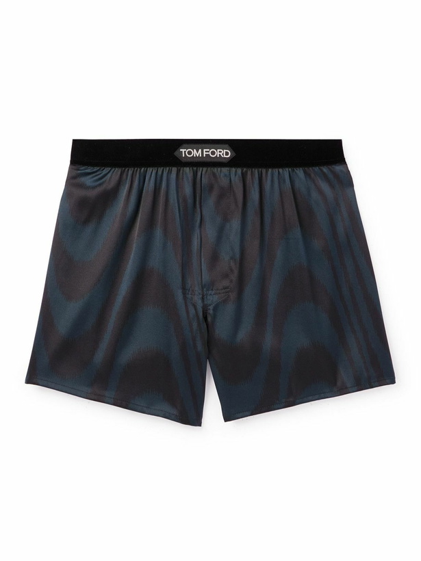 Photo: TOM FORD - Velvet-Trimmed Printed Stretch-Silk Satin Boxer Shorts - Blue