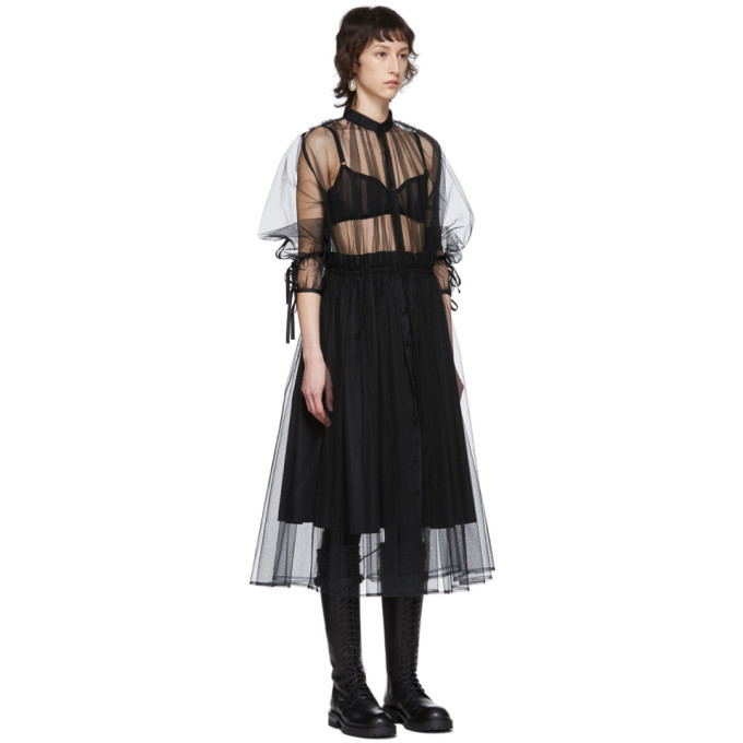black tulle shirt dress Simone Rocha Tiered Tulle Overlay Midi T-Shirt Dress