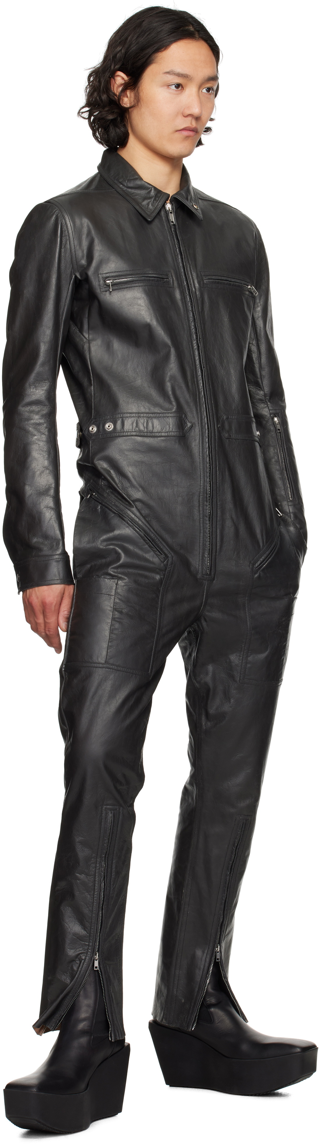 Rick Owens Black Hollywood Headon Flightsuit Leather Jumpsuit Rick