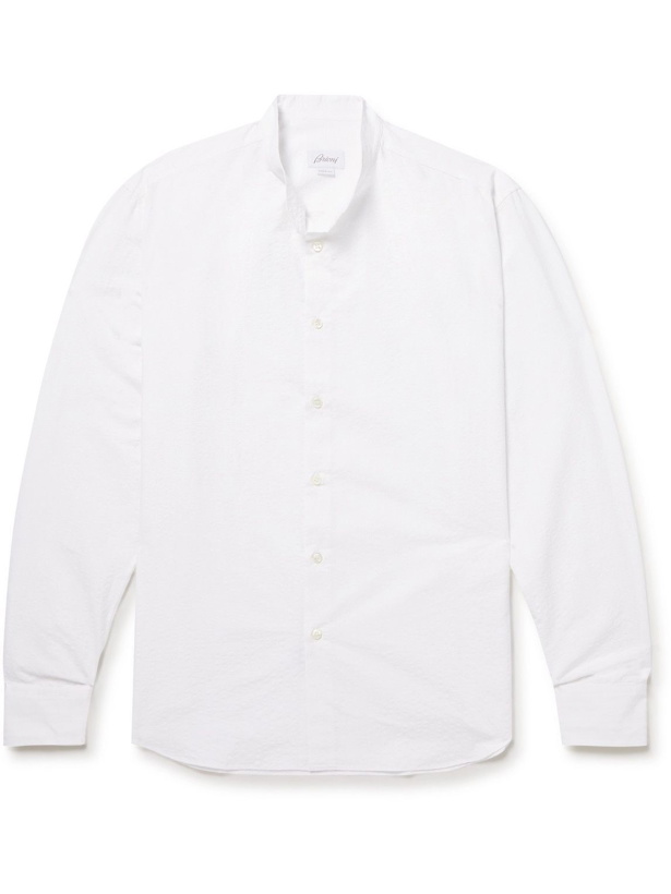 Photo: Brioni - Grandad-Collar Cotton-Seersucker Shirt - White