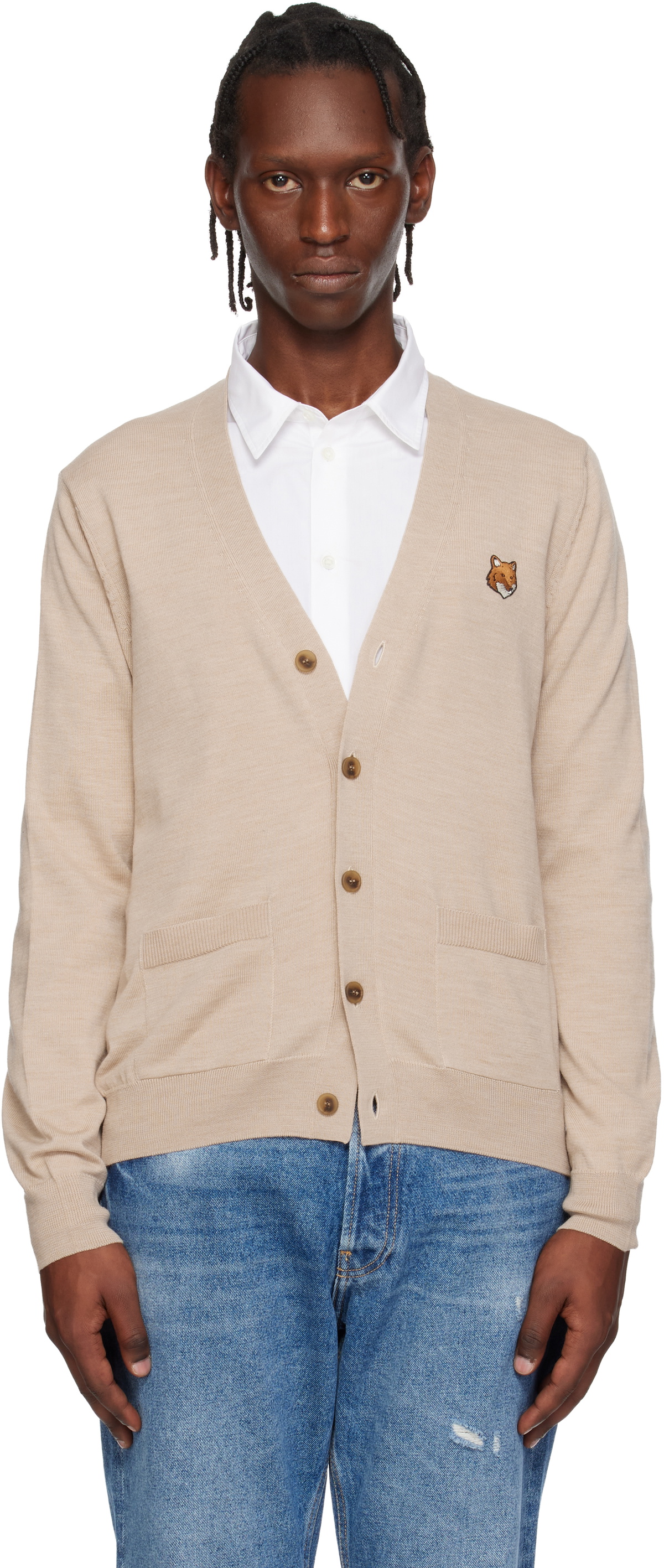 Maison Kitsuné Beige Fox Head Merino Regular Cardigan Maison Kitsune