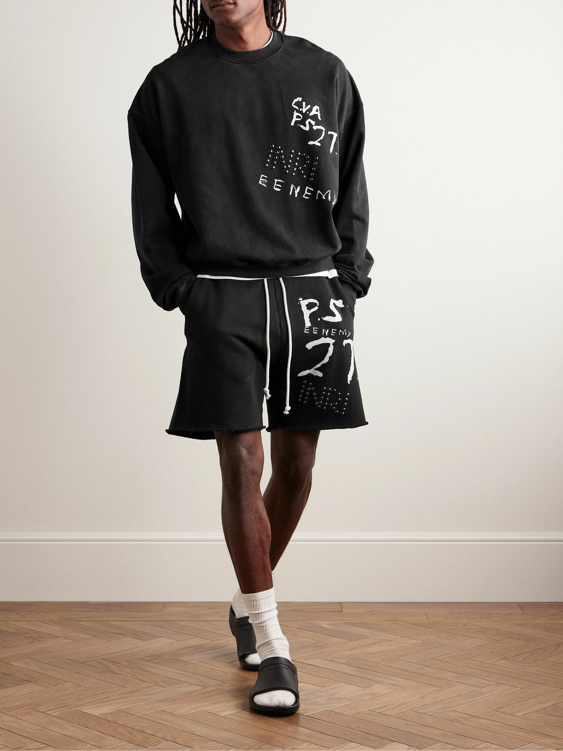 RRR123 - INRI Embellished Logo-Print Cotton-Jersey Sweatshirt - Black