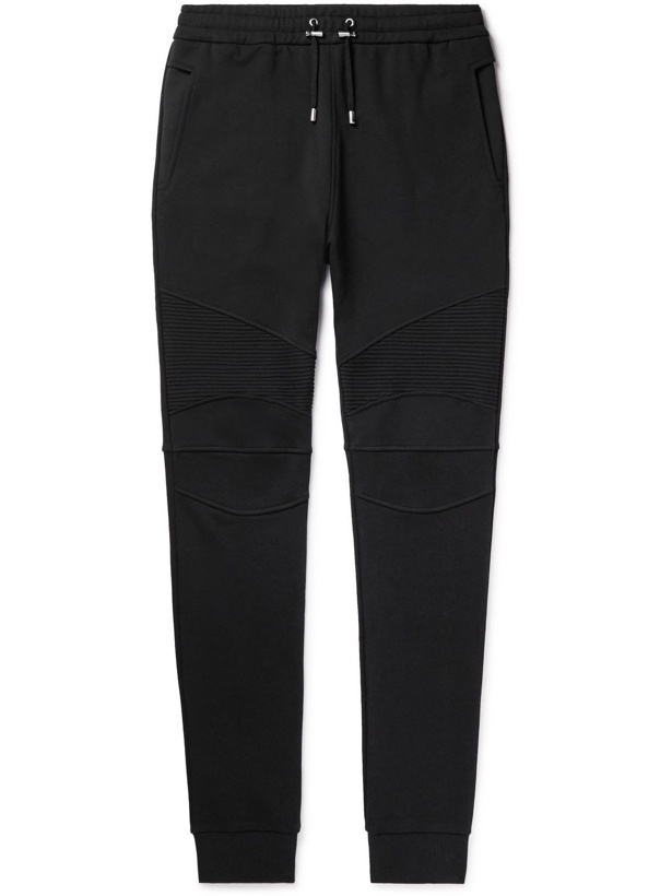 Photo: Balmain - Skinny-Fit Ribbed Cotton-Jersey Sweatpants - Black