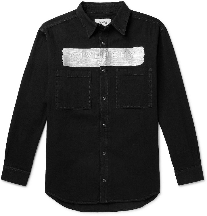 Photo: GIVENCHY - Metallic Logo-Embossed Denim Shirt - Black
