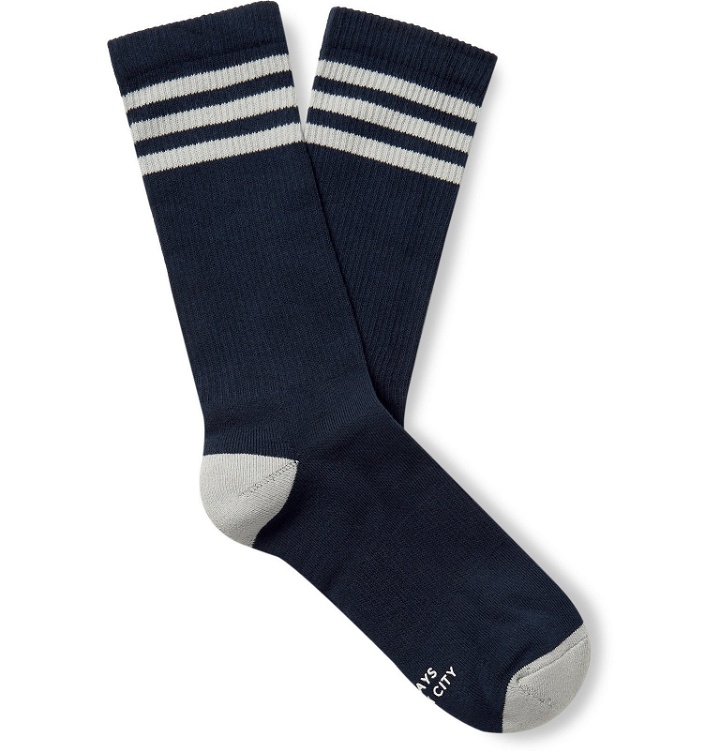 Photo: Saturdays NYC - Striped Ribbed Stretch Cotton-Blend Socks - Blue