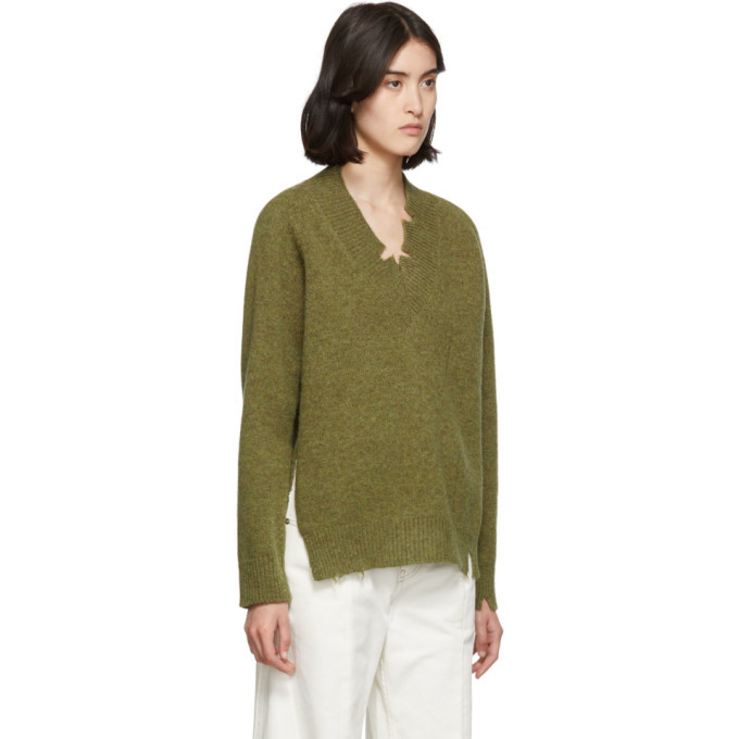 Maison Margiela Green Destroyed V-Neck Sweater Maison Margiela