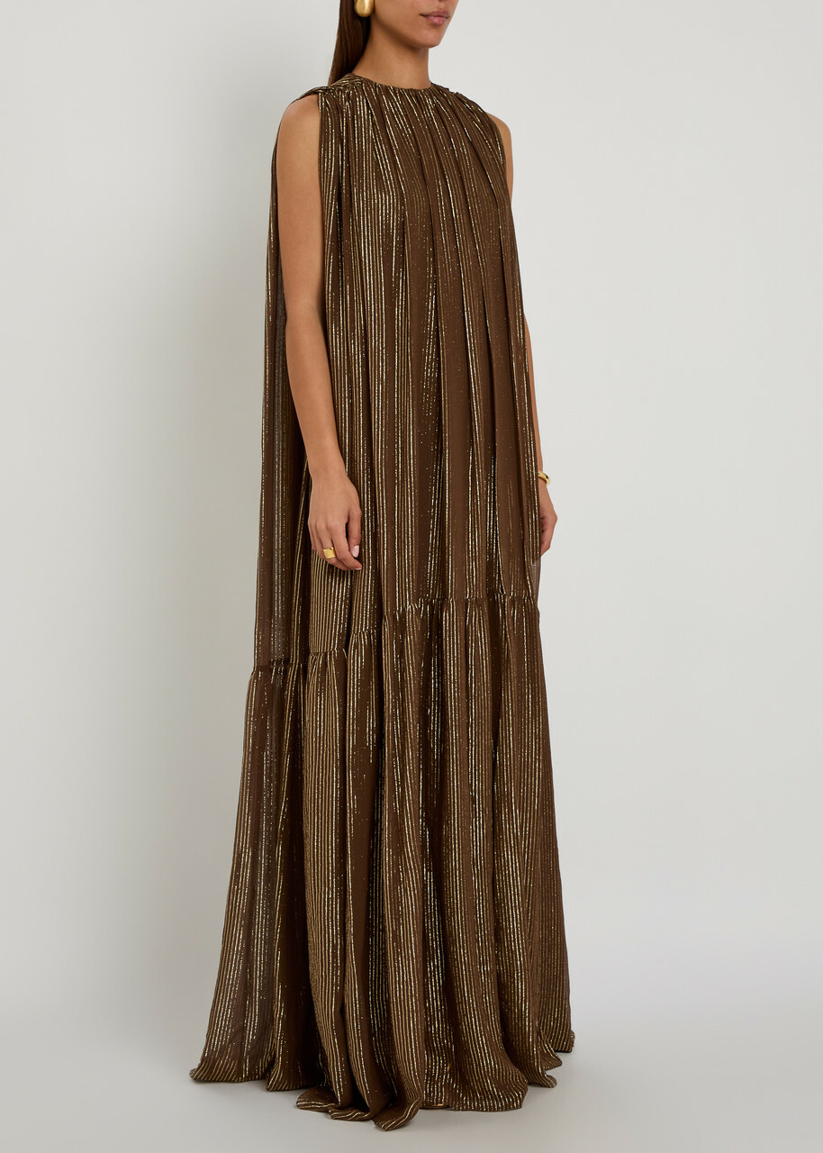 Petar Petrov Draped Striped Silk-blend Chiffon Gown Gold