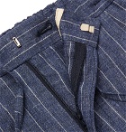 Lardini - Tapered Pleated Pinstriped Linen Drawstring Trousers - Men - Blue