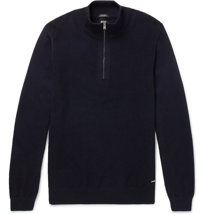 Photo: Hugo Boss - Textured-Knit Virgin Wool Half-Zip Sweater - Men - Navy