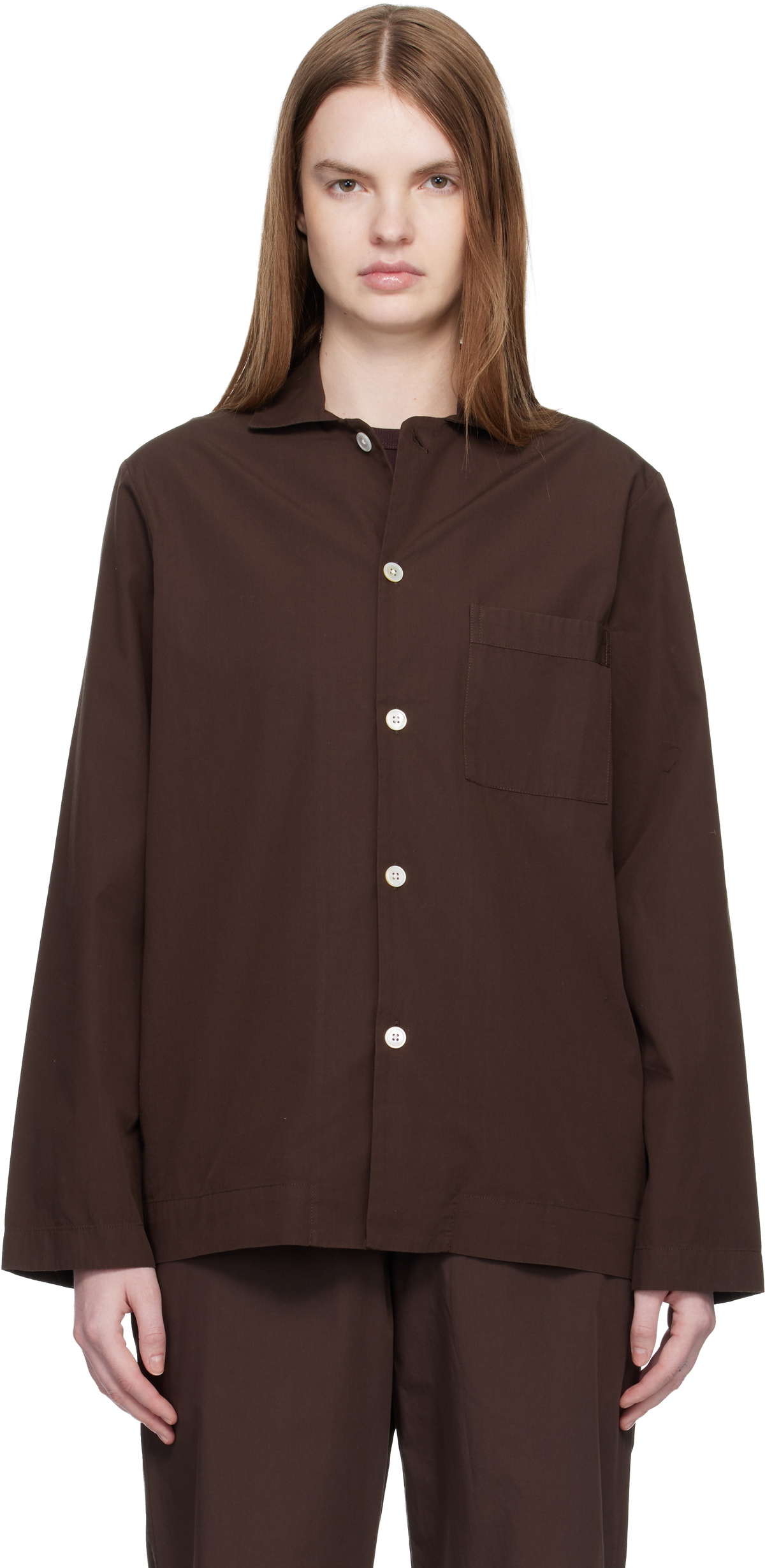 Tekla Brown Poplin Long-Sleeved Pyjama Shirt