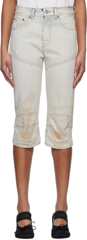 Photo: MM6 Maison Margiela Blue Panel Sprayed Capri Denim Shorts