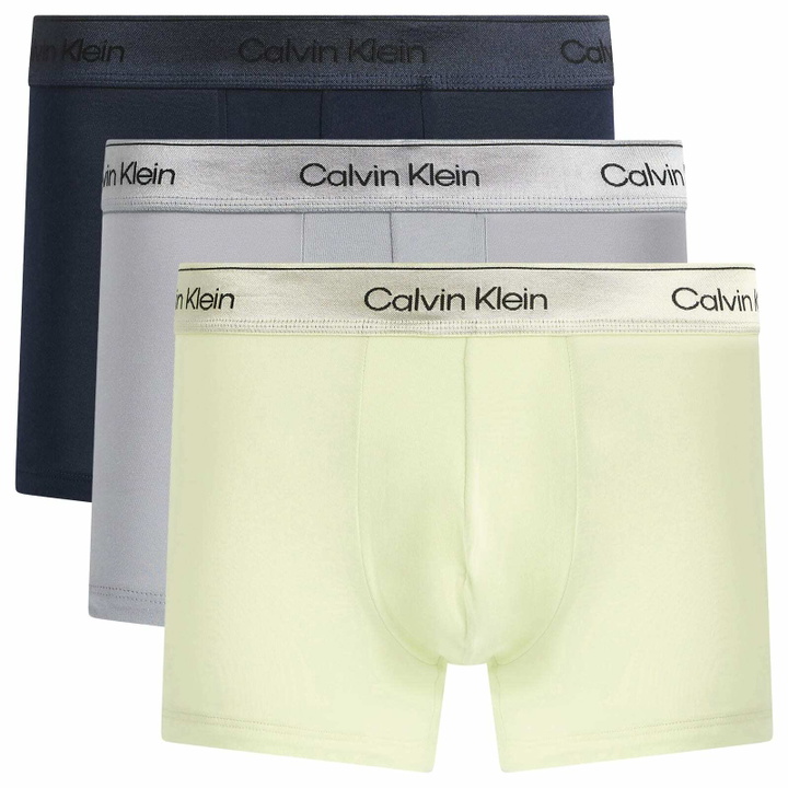 Photo: Calvin Klein Men's Icon Cotton Stretch Shine Trunk - 3 Pack in Shorline/Lime Cream/Misty Grey