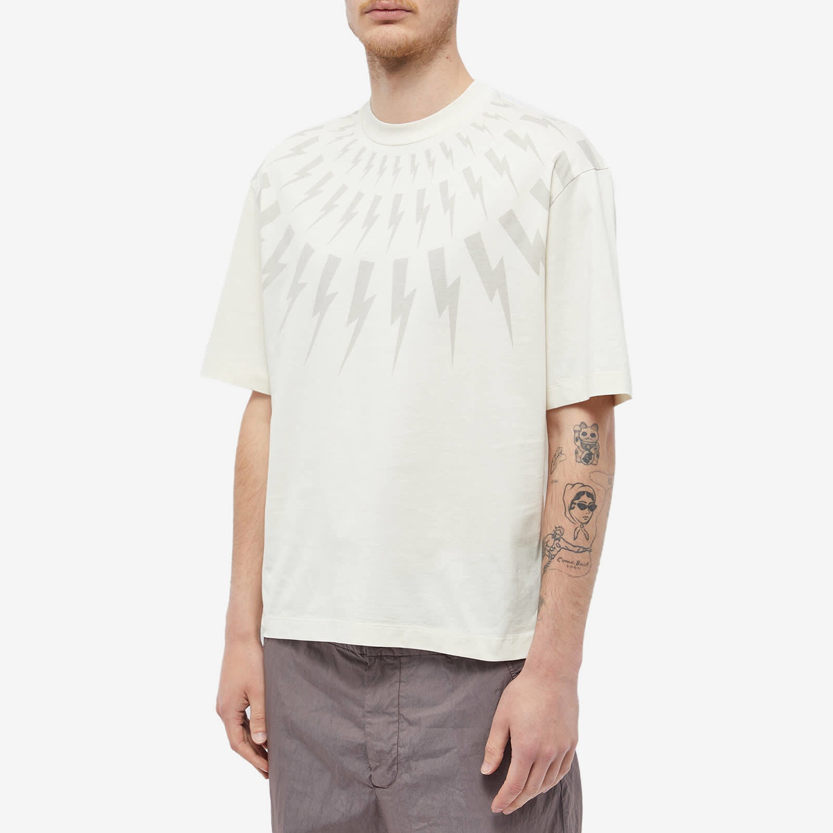 Neil Barrett Men's Fairisle Thunderbolt T-Shirt in Ivory/Black