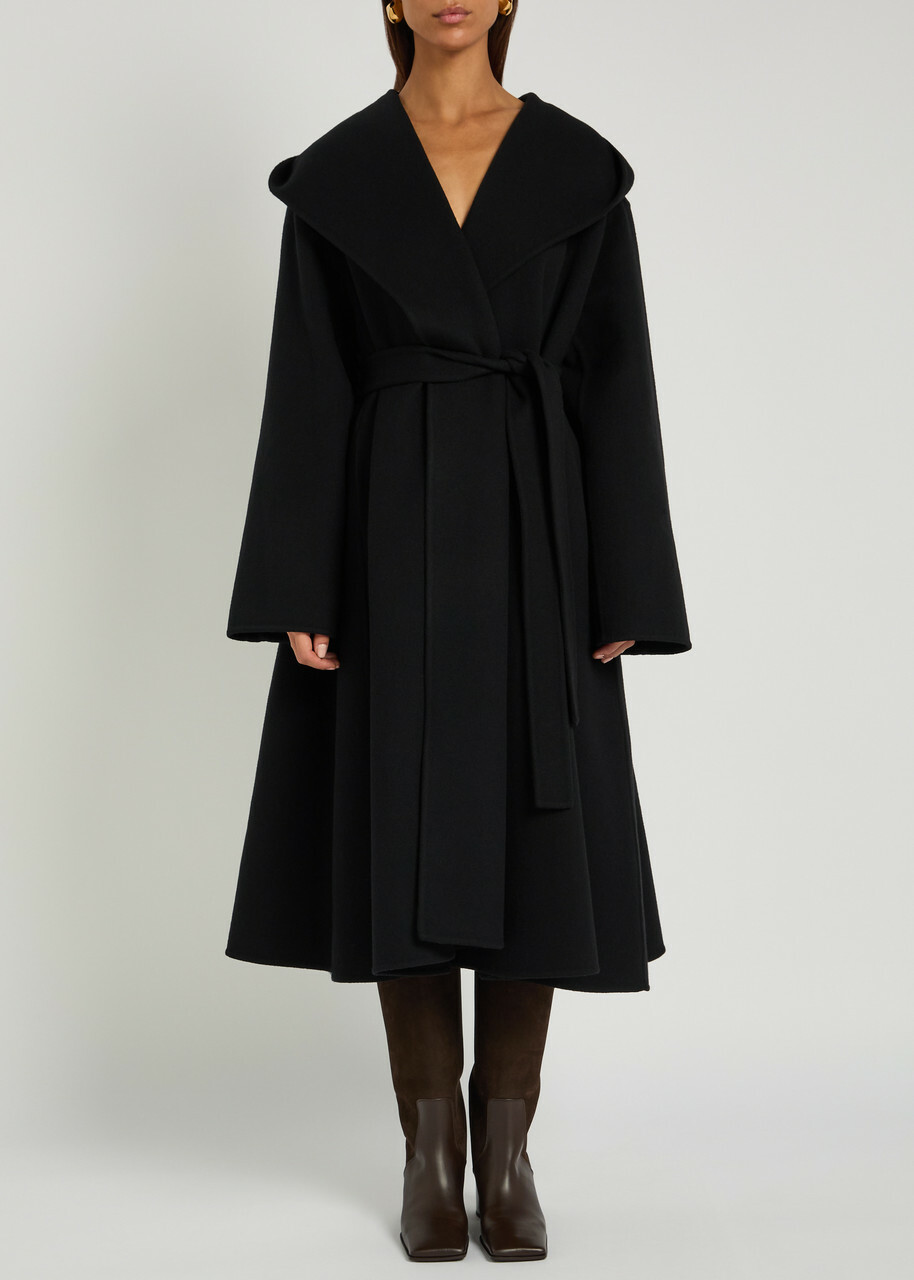 Alaïa Belted Hooded Wool Wrap Coat Black