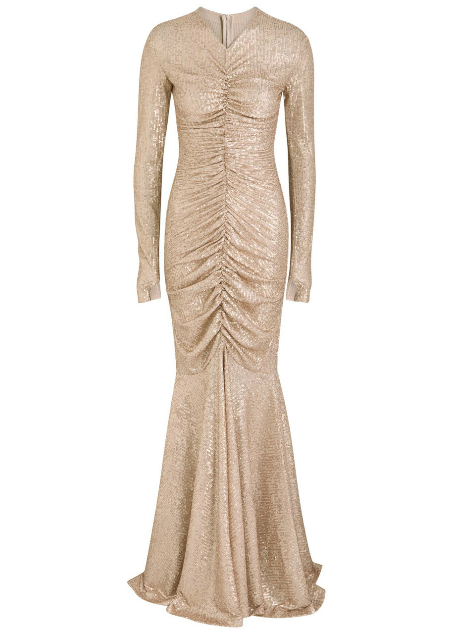 Norma Kamali Sequined Ruched Gown Beige