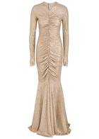 Norma Kamali Sequined Ruched Gown Beige