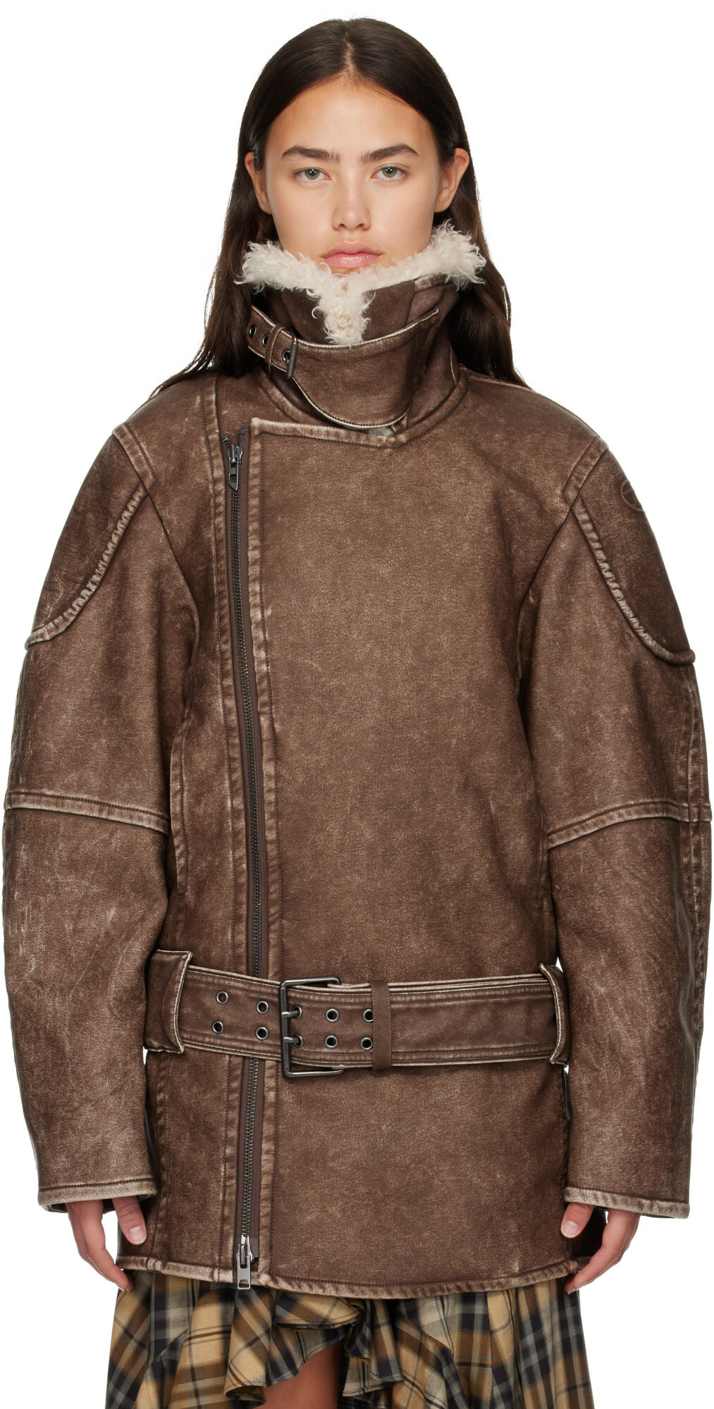 Diesel Brown Double-Breasted Aviator-Biker Coat