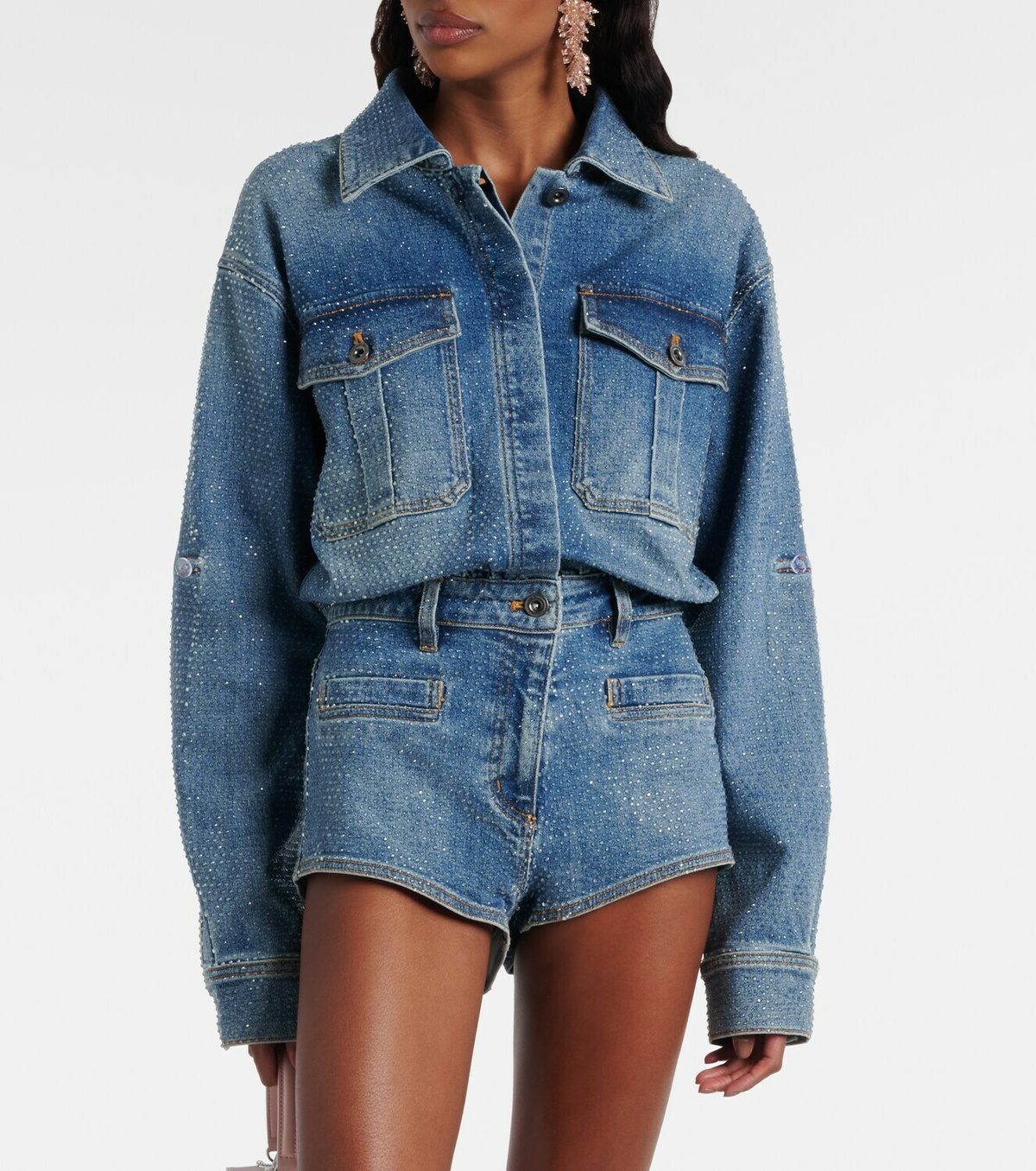 Self-Portrait Embellished denim romper