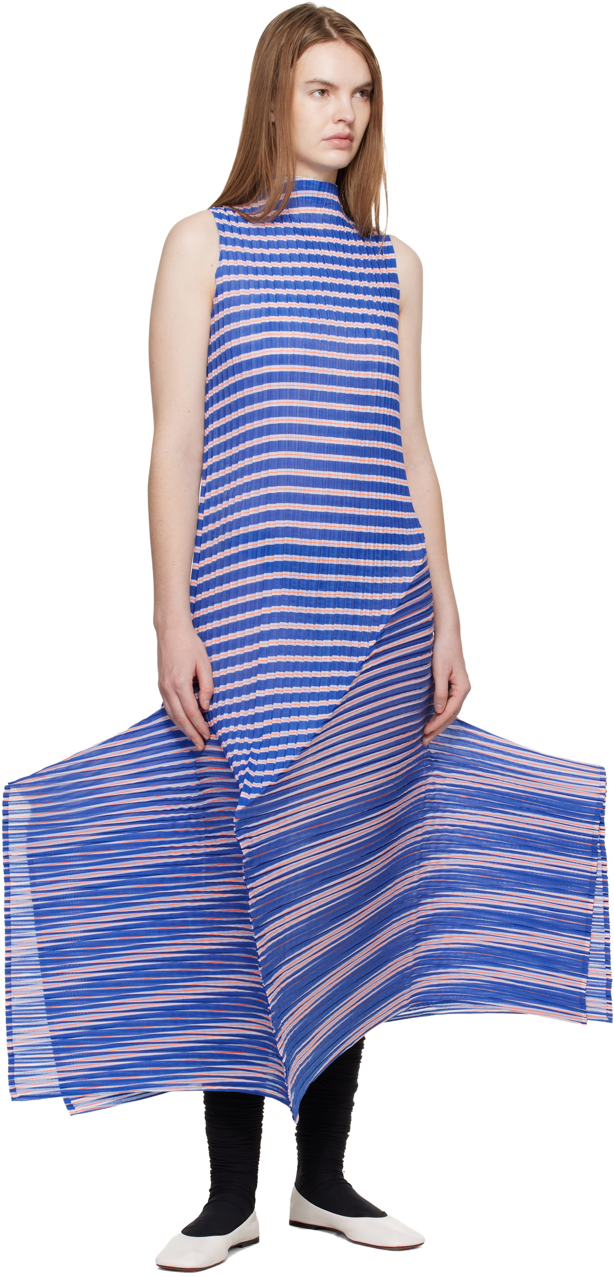 ISSEY MIYAKE Navy Generic Stripes Machine Pleats Midi Dress