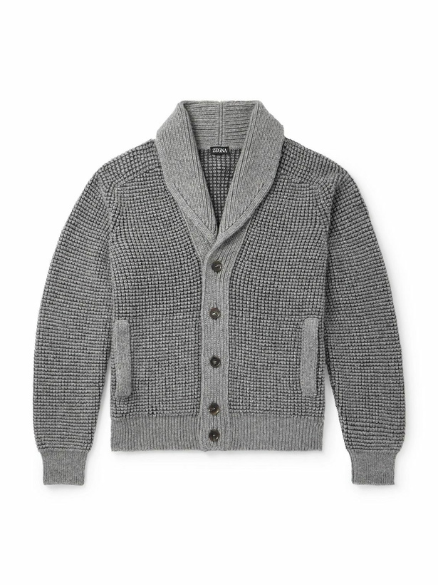 Photo: Zegna - Shawl-Collar Waffle-Knit Cashmere and Mohair-Blend Cardigan - Gray