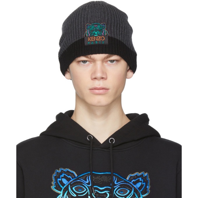 Photo: Kenzo Grey and Black Limited Edition Holiday Wool Two-Tone Tiger Beanie