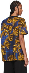 Versace Jeans Couture Blue & Gold Tartan Baroque Print T-Shirt
