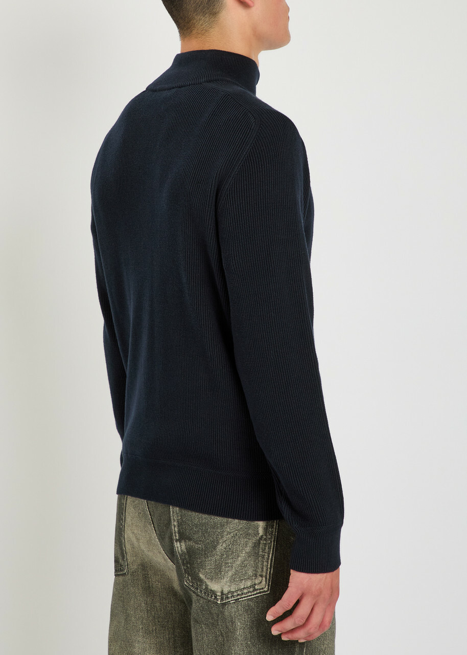 Stone Island Logo-appliquéd Half-zip Ribbed Cotton-knit Jumper Navy