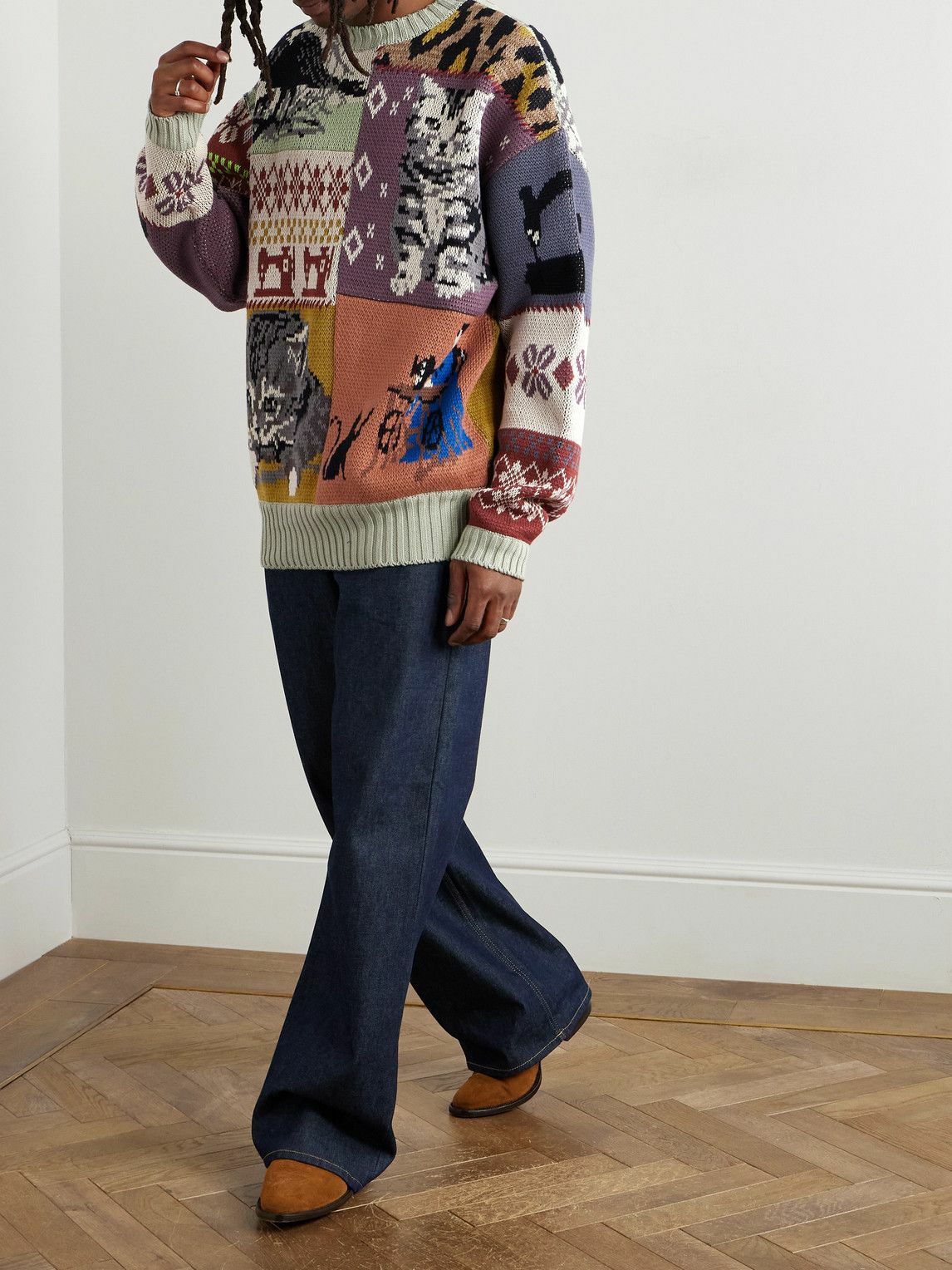 KAPITAL - Patchwork Cotton-Blend Jacquard Sweater - Green KAPITAL