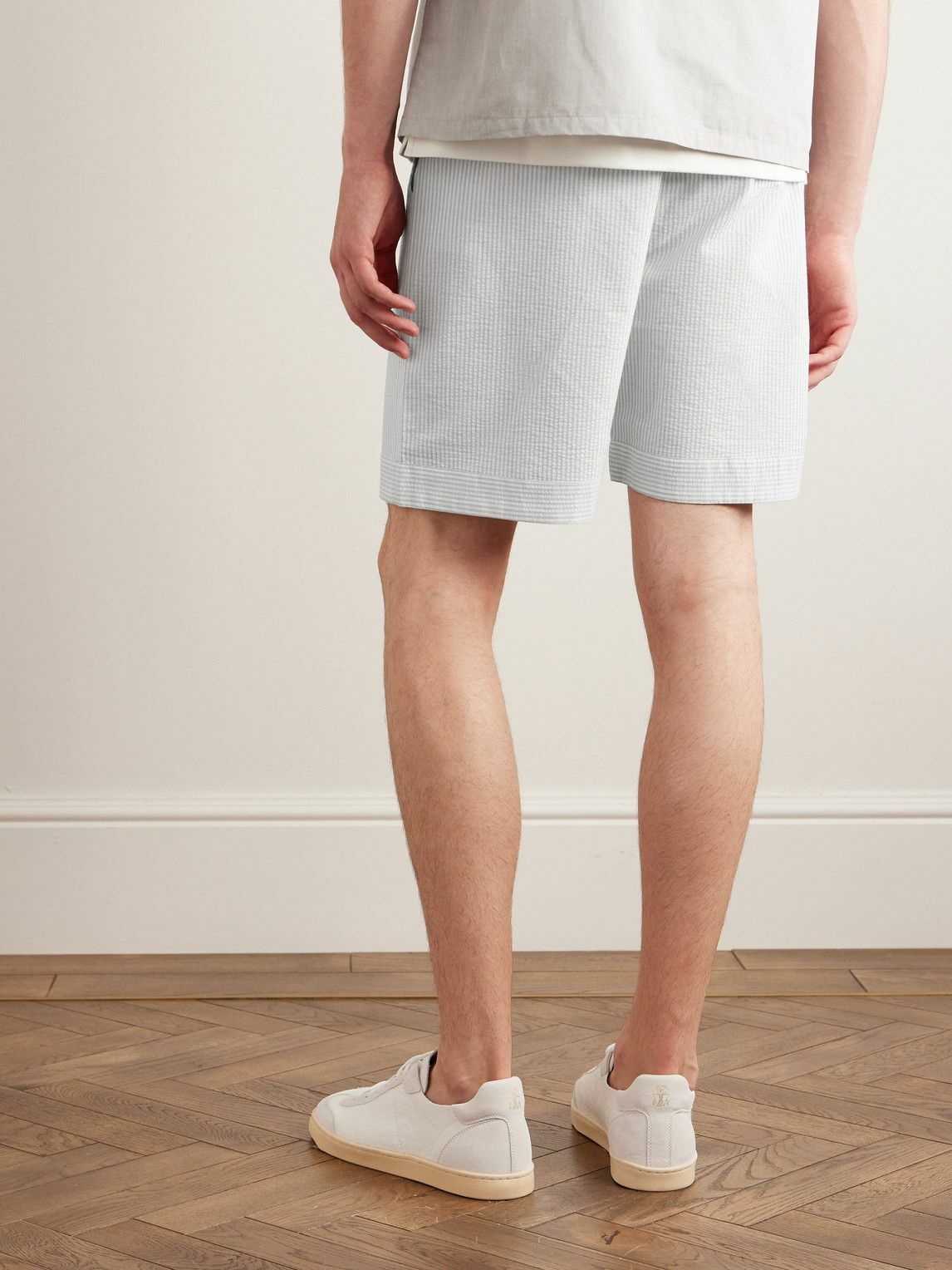 Loretta Caponi - Straight-Leg Striped Cotton-Seersucker Drawstring Shorts - Gray