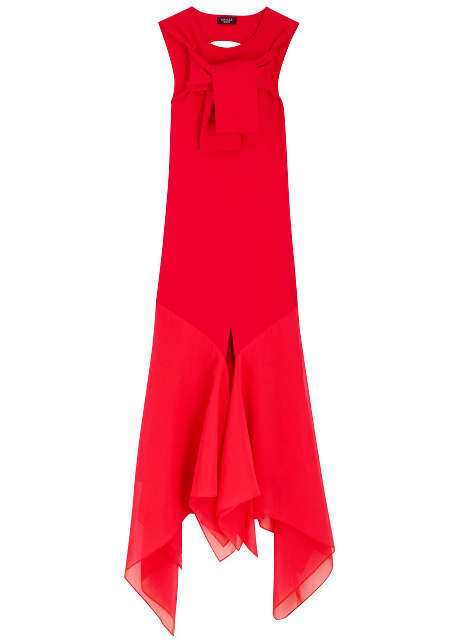 A.W.A.K.E Mode Chiffon and Knit Knotted-neckline Midi Dress Red