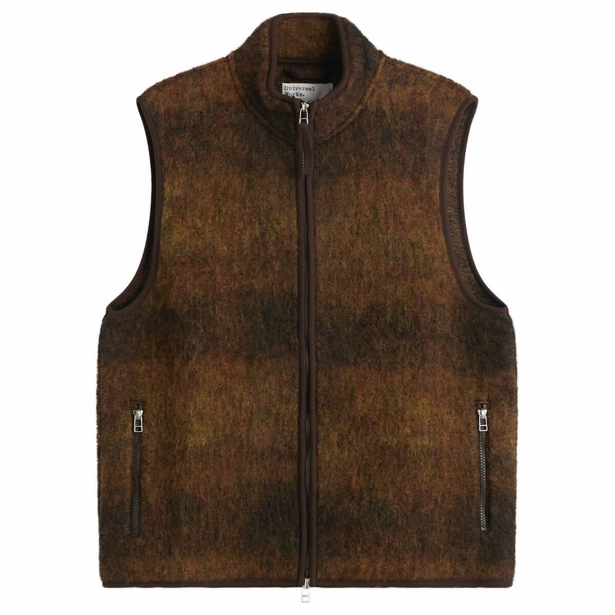 Universal Works Men's Duke Fleece Zip Gilet in Brown Check